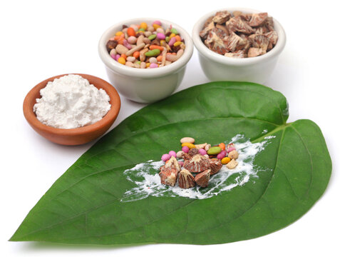 Zarda paan with tobacco mixture, supari, and spices on betel leaf